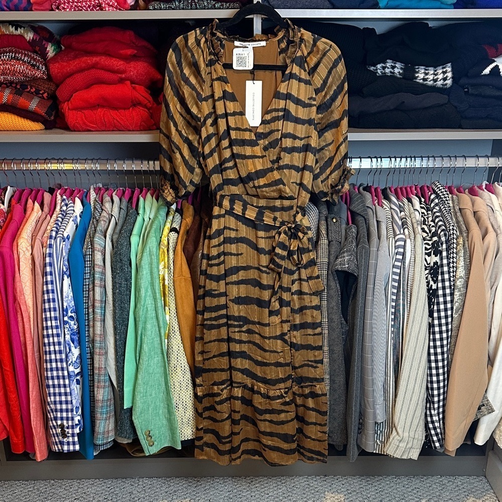 Collective Concepts brown/black/gold metallic thread zebra print dress M NWT
